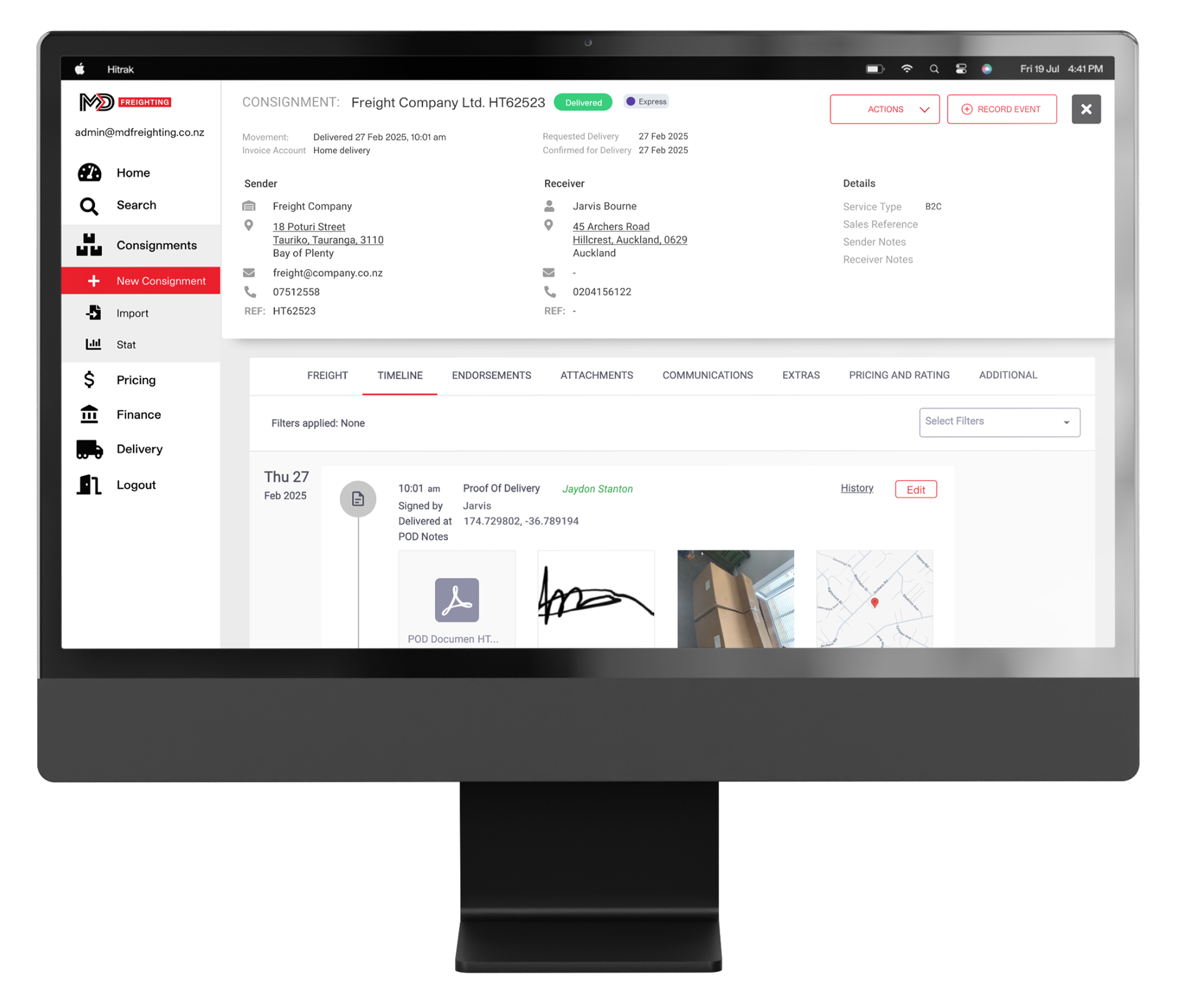Consignment management system showing delivery timeline and electronic proof of delivery