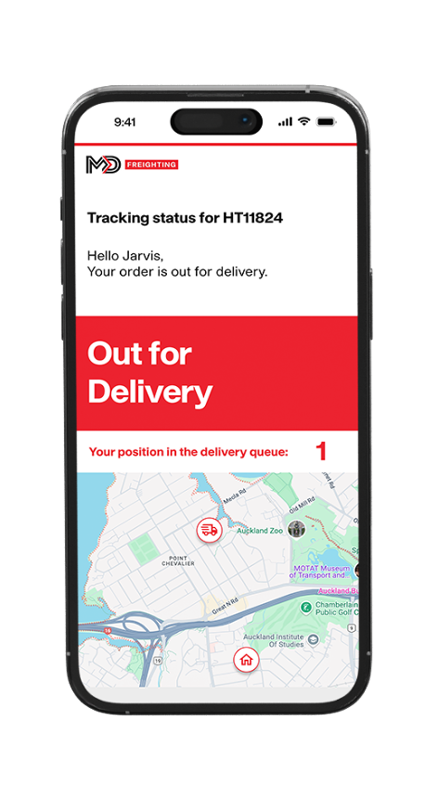 Customer tracking page showing live delivery status and driver location