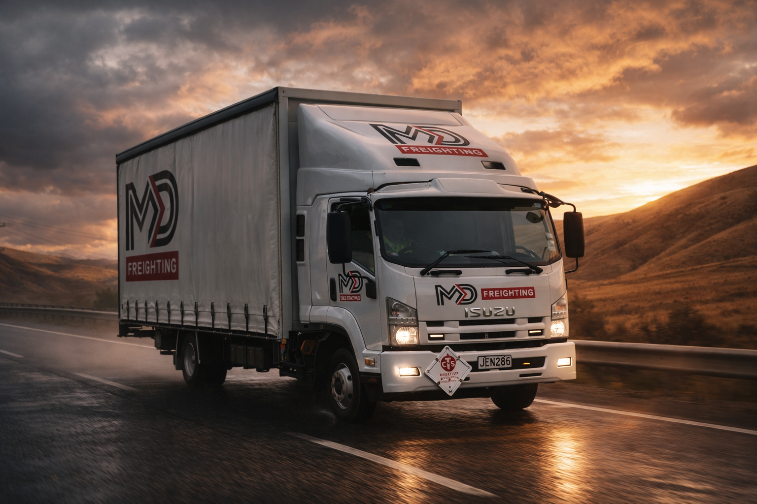 MD Freighting truck driving at sunset